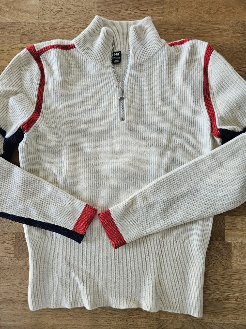 Helly Hansen Cream Quarter-Zip Ribbed Sweater w/ Red & Navy Trim - 65% Wool